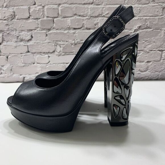 Nando Muzi Women’s Italian Leather Open Toe Jeweled Heels Pumps 36.5 Black - Picture 1 of 16